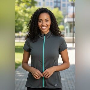 Icebreaker cool lite Merino full zip‎ short sleeve shirt grey/turquoise XL